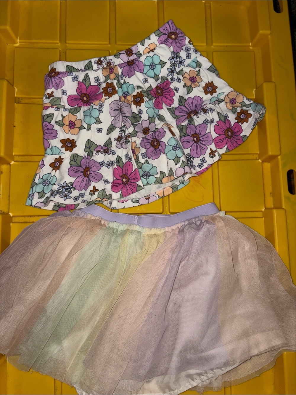 White Floral Skirt & Pastel Rainbow Tulle Skirt